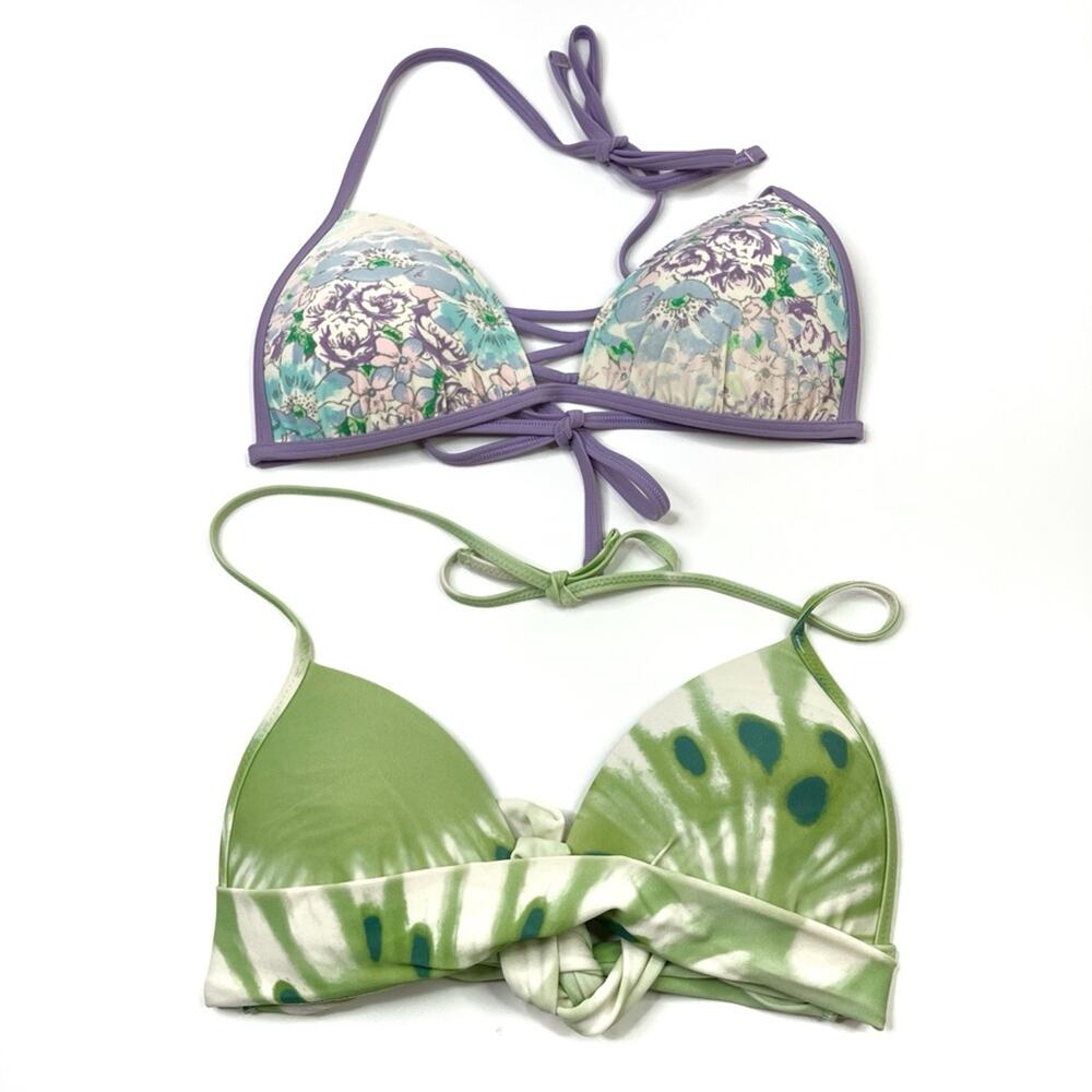 Aerie Set of 2 Bikini Tops- Purple Floral and Green Tie-Dye Womens Small